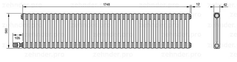Схема (чертеж) Радиатор Zehnder Charleston 2056/38 №V003 Белый глянцевый RAL 9016